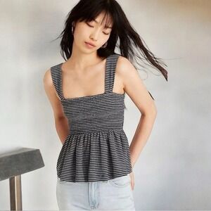 Madewell Smocked Peplum Sleeveless Striped Tank Top Size Small Nautical Y2K